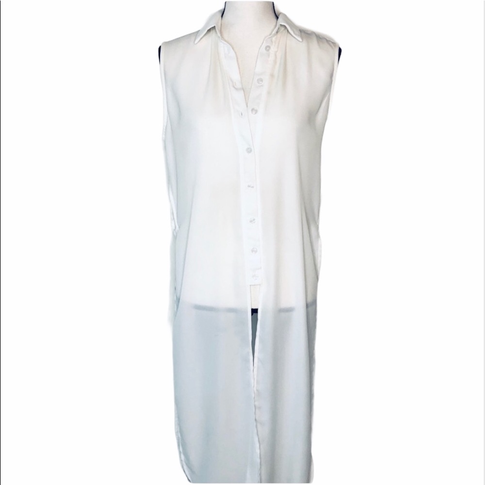 MERCHANT white shear button down sleeveless tunic